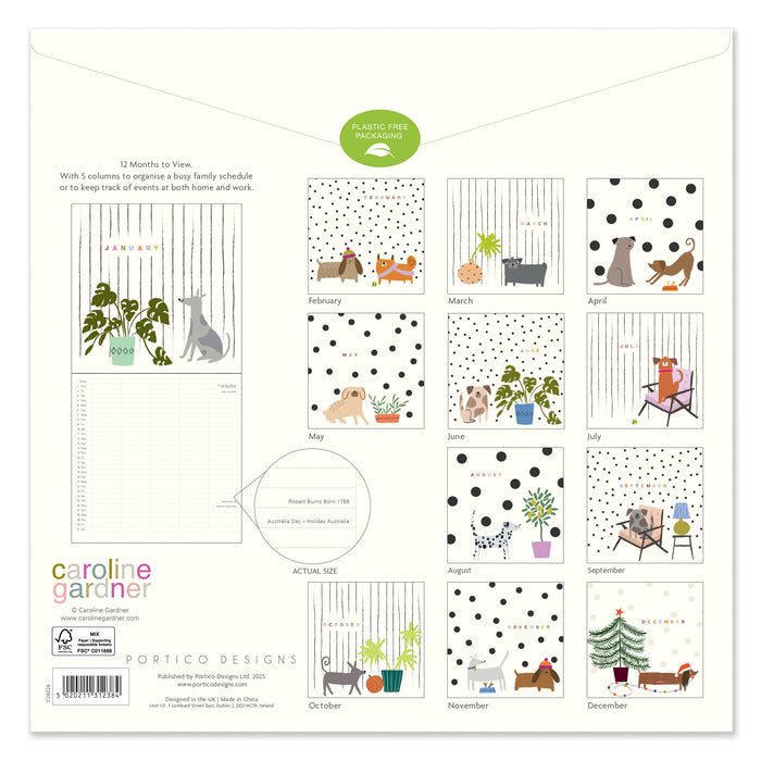Dogs Family Calendar by Caroline Gardner 2026 Square Wall Calendar