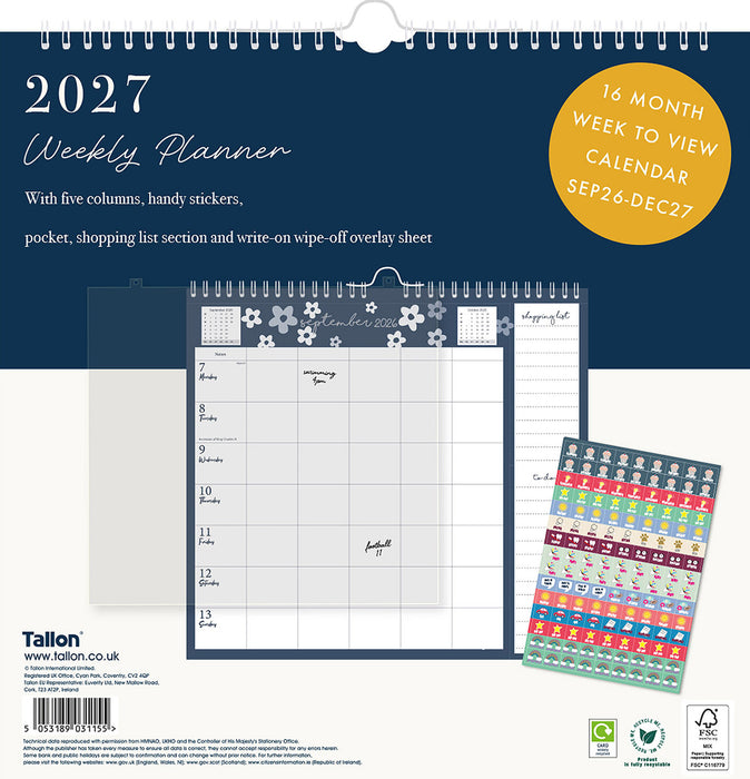 Bees and Flowers Week to View 2027 Square Wall Calendar