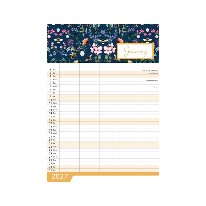 Bees and Flowers Family 2027 Large Wall Calendar