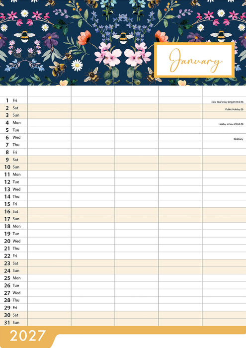 Bees and Flowers Family 2027 Large Wall Calendar