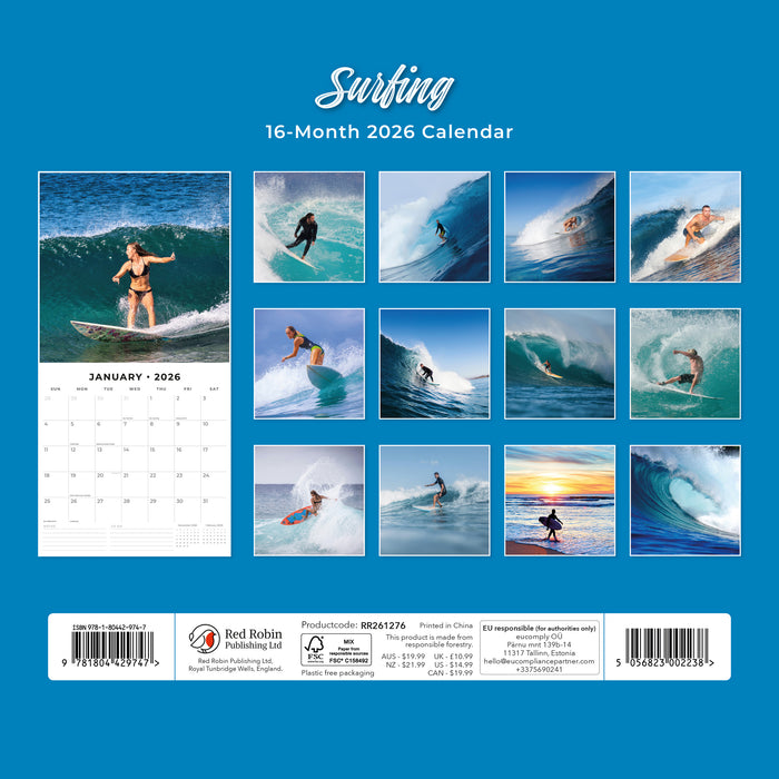 Surfing 2026 Square Wall Calendar
