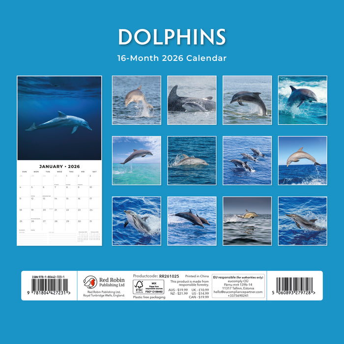 Dolphins 2026 Square Wall Calendar