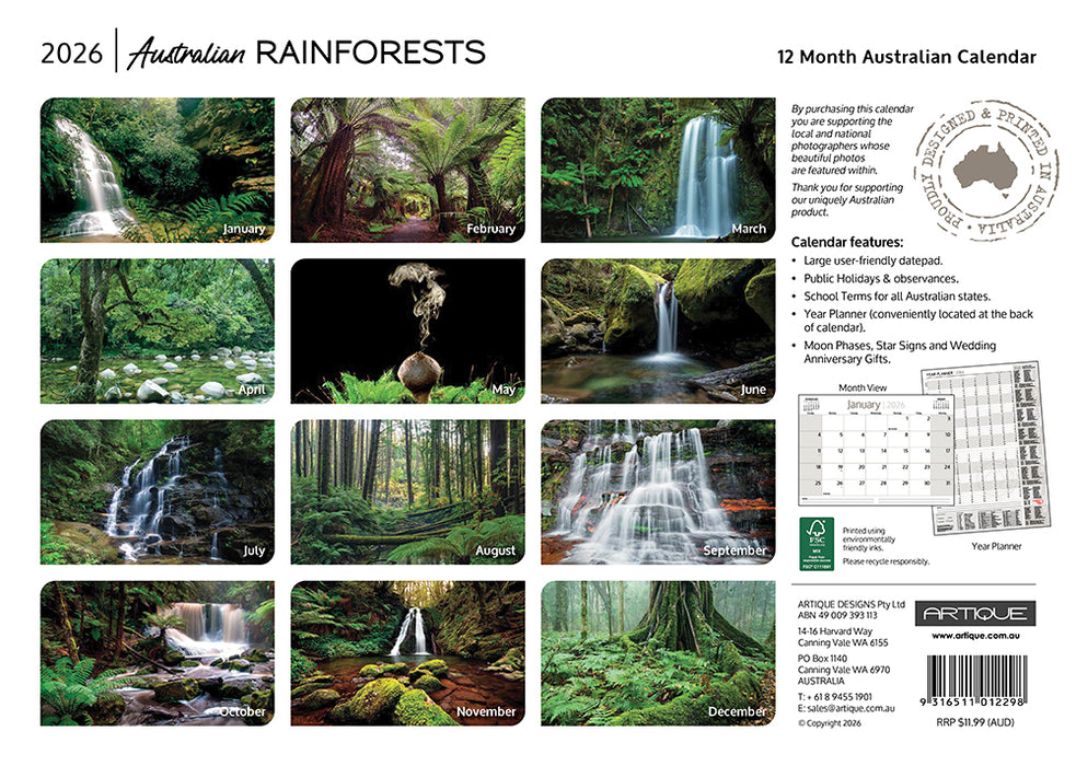 Australian Rainforests 2026 A4 Wall Calendar