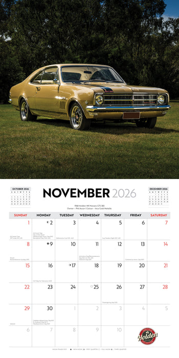 Classic Monaros 2026 Square Wall Calendar