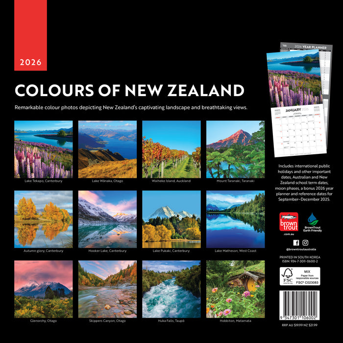 Colours of New Zealand 2026 Square Wall Calendar