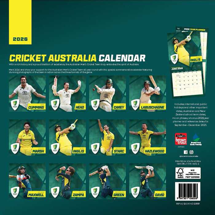 Cricket Australia 2026 Square Wall Calendar