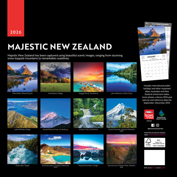 Majestic New Zealand 2026 Square Wall Calendar