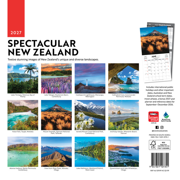 Spectacular New Zealand 2027 Square Wall Calendar