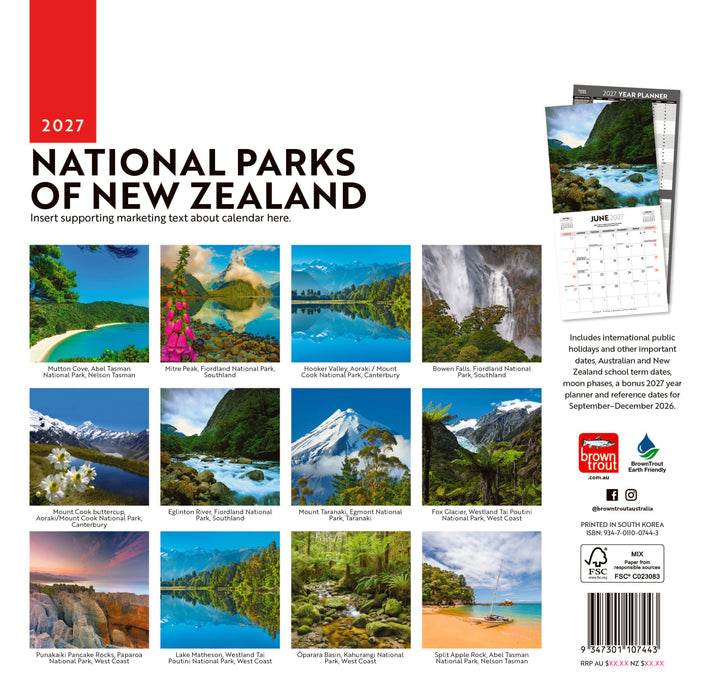 National Parks of New Zealand 2027 Square Wall Calendar