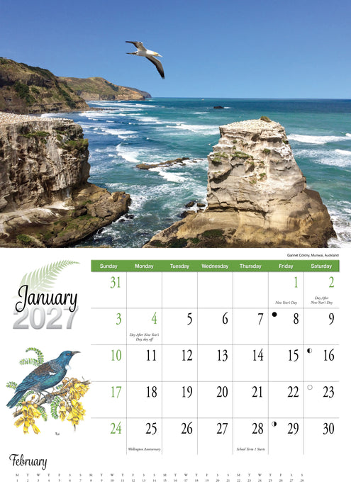 New Zealand Wilderness with A3 Planner 2027 A4 Wall Calendar