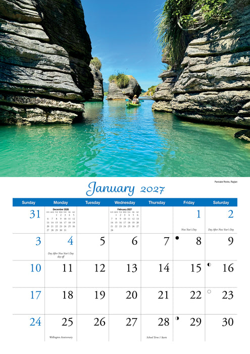 North Island with Fridge Magnet 2027 A4 Wall Calendar