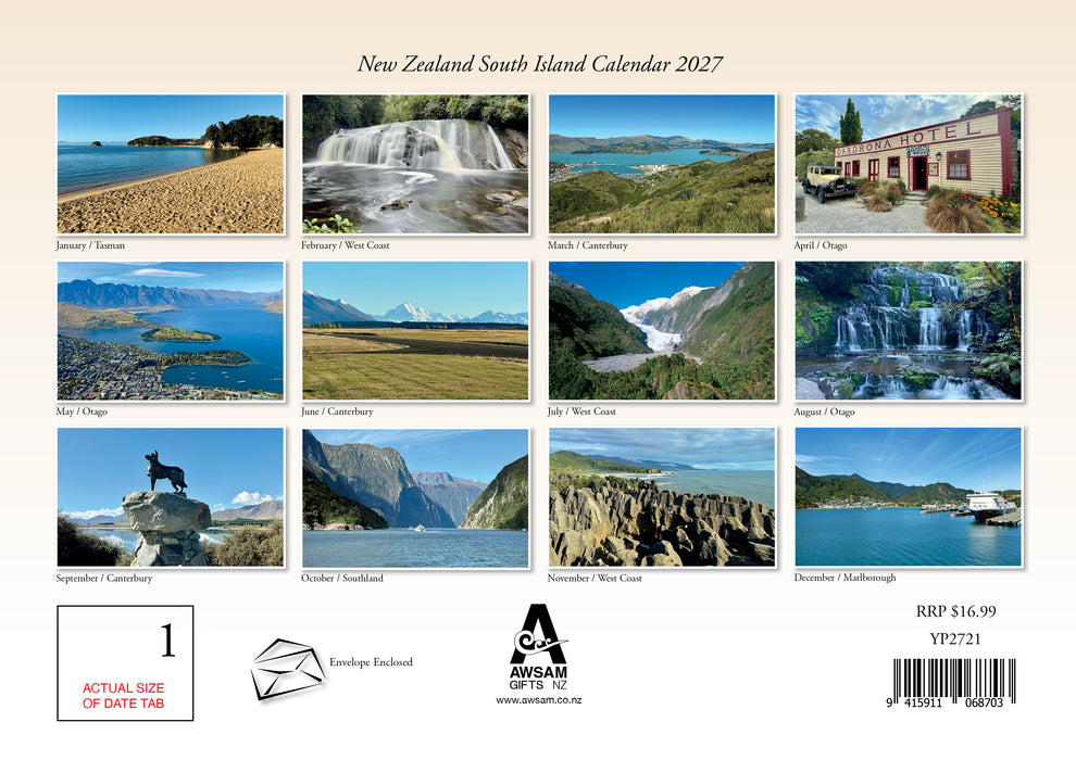 South Island with Fridge Magnet 2027 A4 Wall Calendar