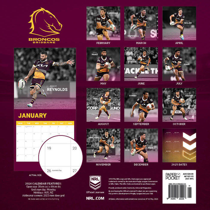 2024 NRL Brisbane Broncos Wall Calendar
