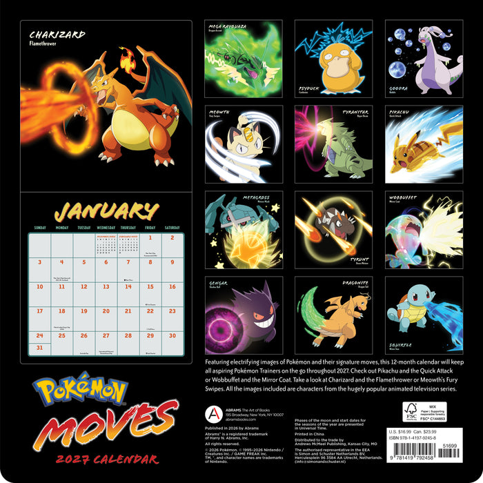 Pokemon Moves 2027 Square Wall Calendar