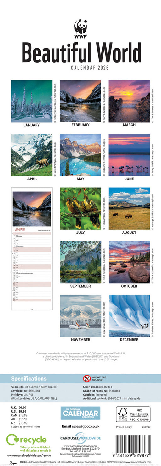 WWF Beautiful World 2026 Slimline Wall Calendar