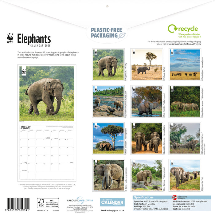 WWF Elephants 2026 Square Wall Calendar