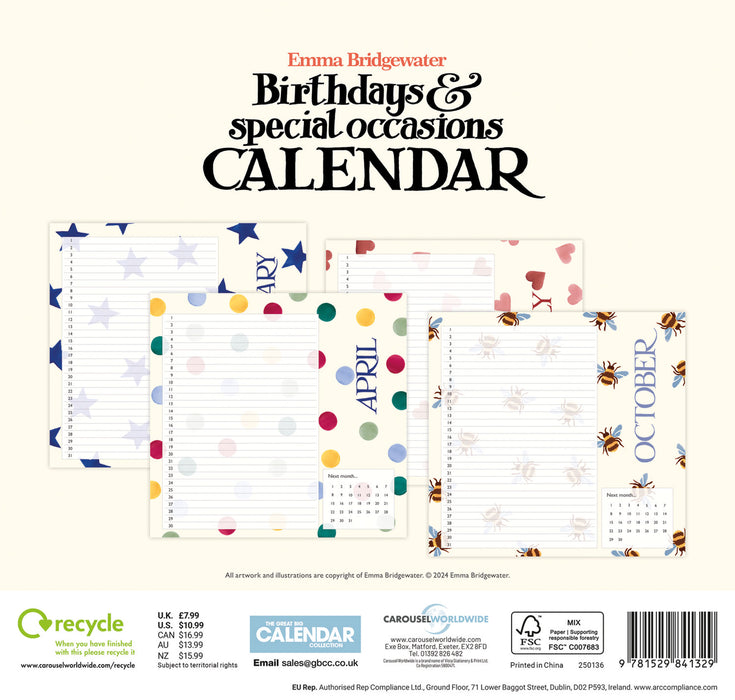 Emma Bridgewater Birthday Candles Perpetual Square Wall Calendar