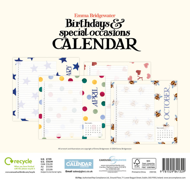 Emma Bridgewater Birthday Candles 2026 Square Wall Calendar