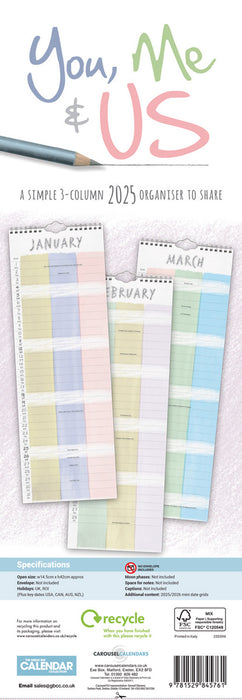 2025 You Me and Us Planner Slimline Wall Calendar
