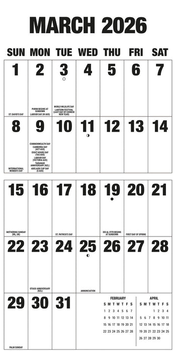 Big Letters Big Numbers 2026 Square Wall Calendar