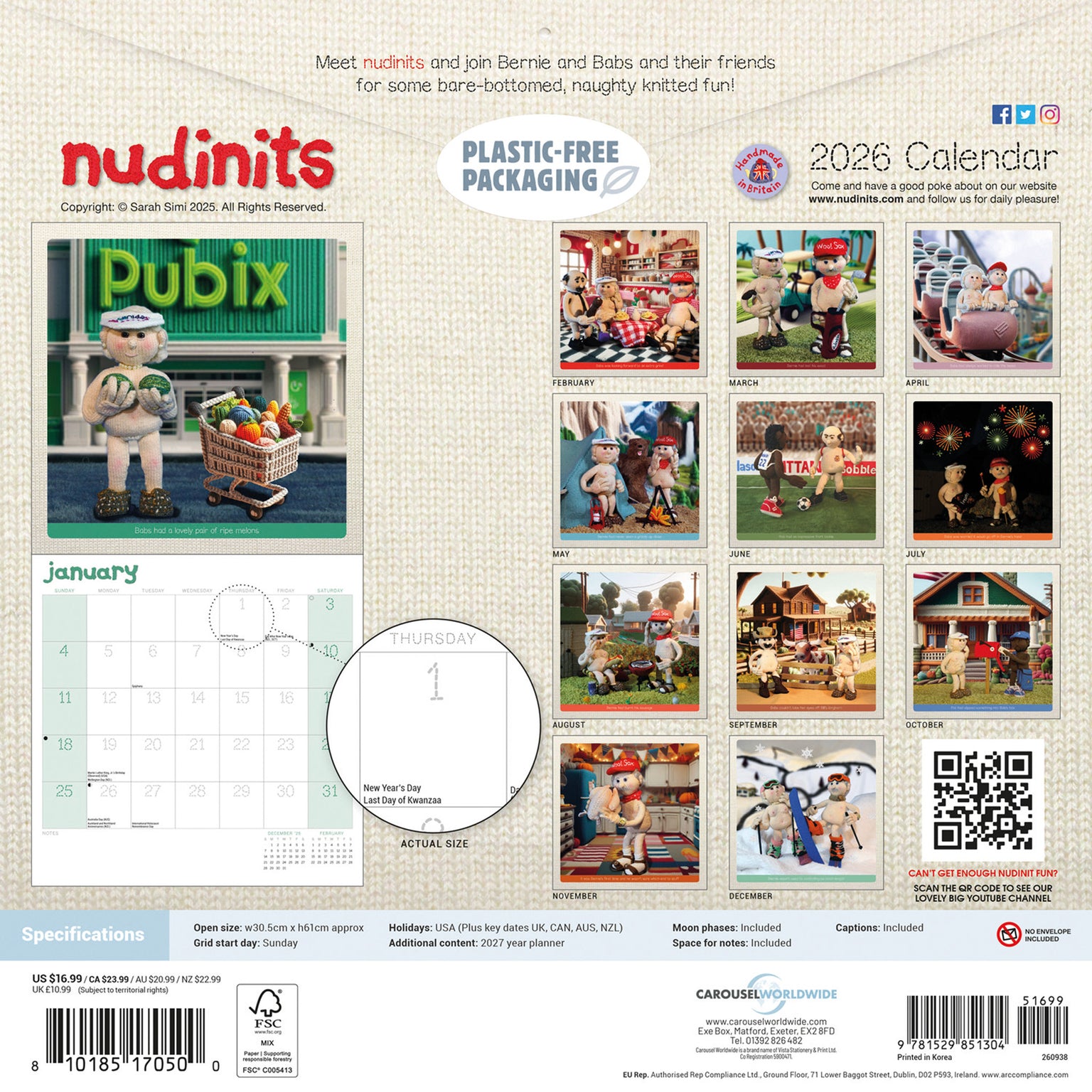Nudinits Square Wall Calendar 2026 - Antonia's Bookstore