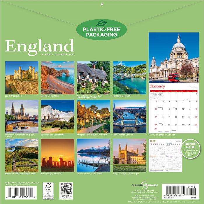 England 2027 Square Wall Calendar