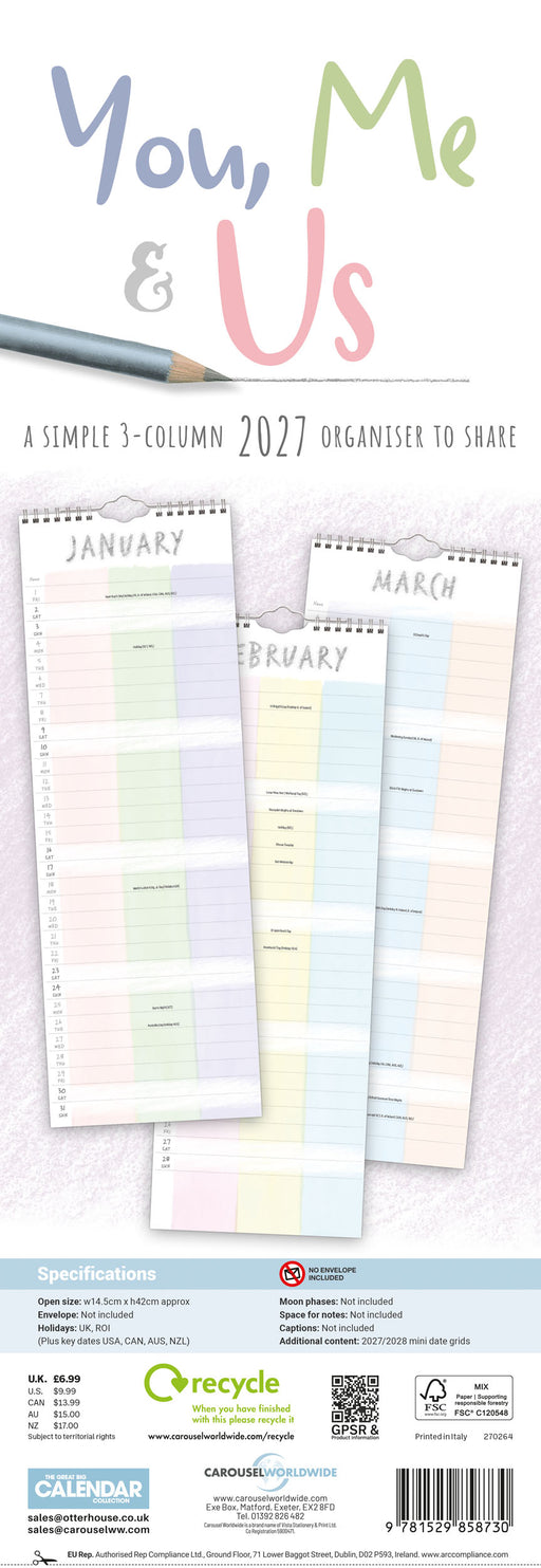 You Me and Us 2027 Slimline Wall Calendar