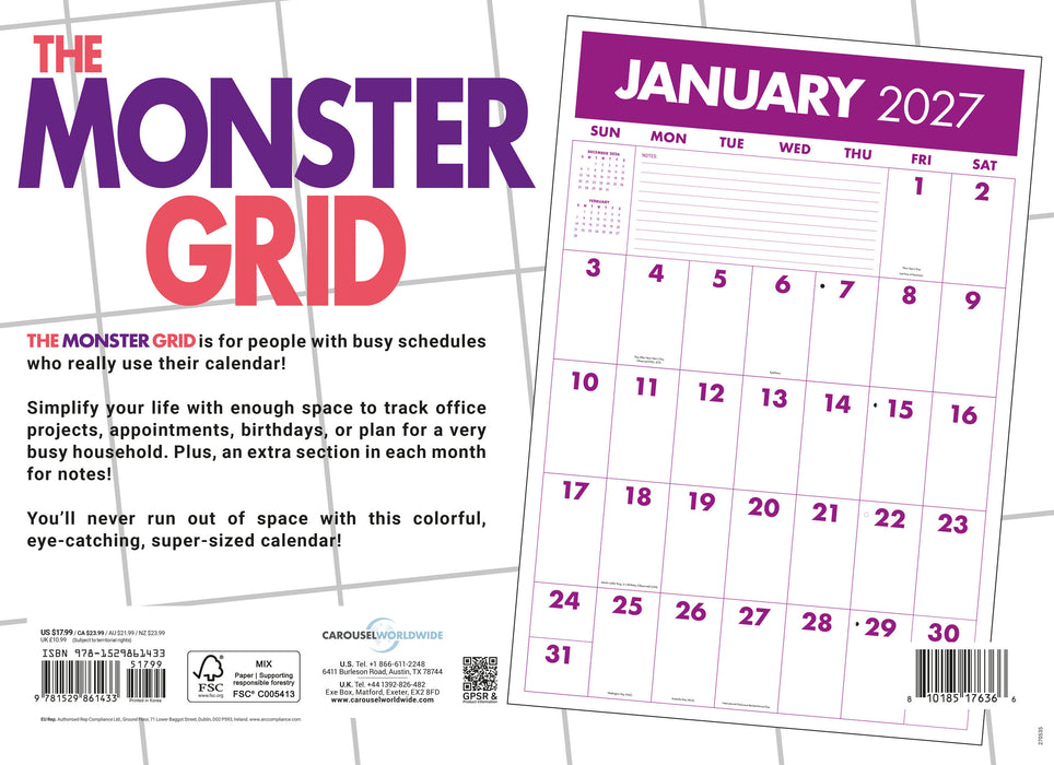 Monster Grid 2027 Large Wall Calendar