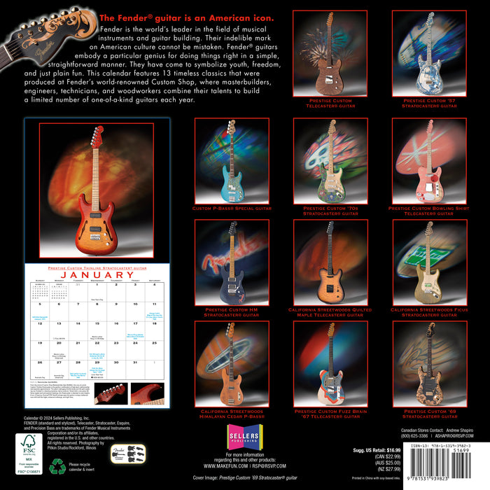 2025 Fender Custom Shop Guitars Wall Calendar