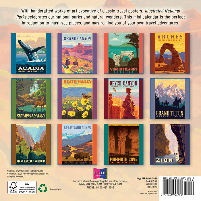 Illustrated National Parks — Anderson Design Group 2026 Mini Wall Calendar