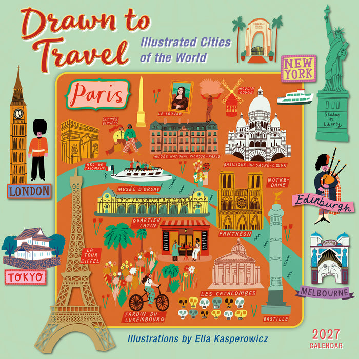 Drawn to Travel: Illustrated Cities of the World 2027 Square Wall Calendar