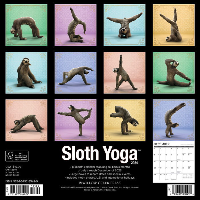 2024 Sloth Yoga Wall Calendar