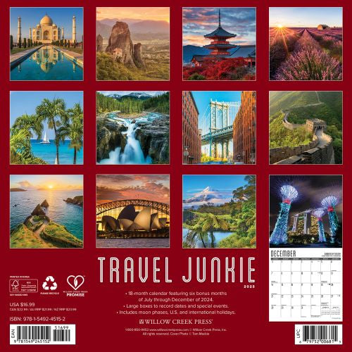 2025 Travel Junkie Wall Calendar by  Willow Creek Press from Calendar Club