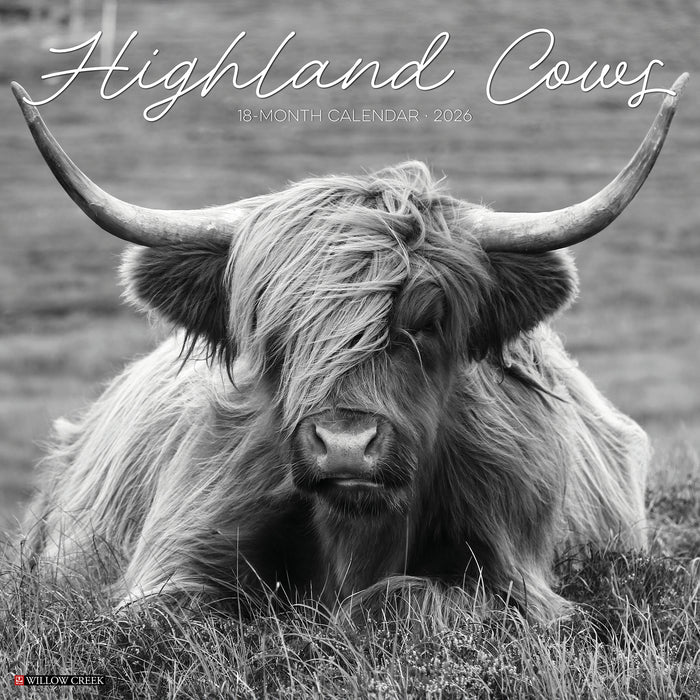 Highland Cows Black and White Print 2026 Square Wall Calendar
