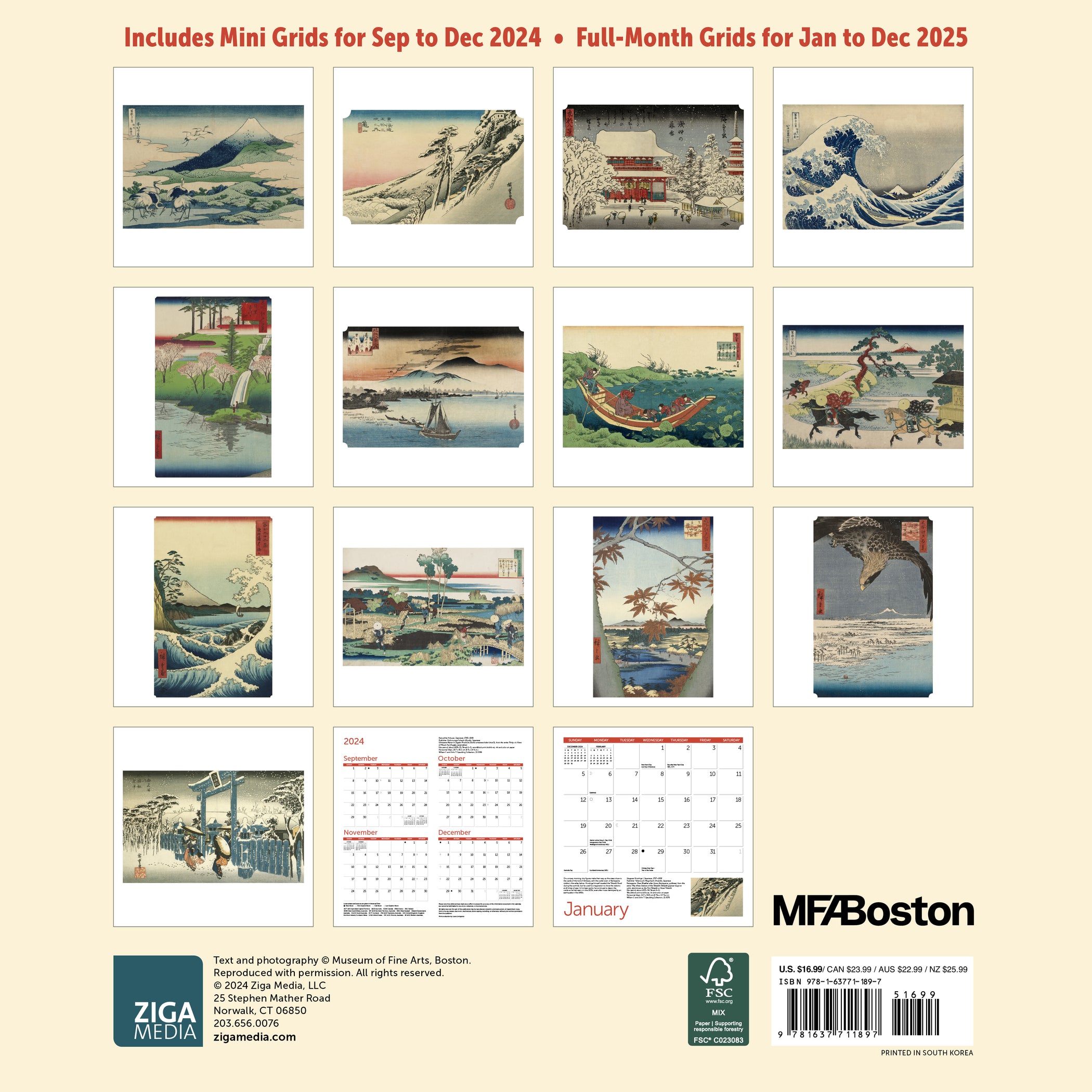 Calendar Club 2025 MFA Japanese Woodblocks Boston Wall Calendar