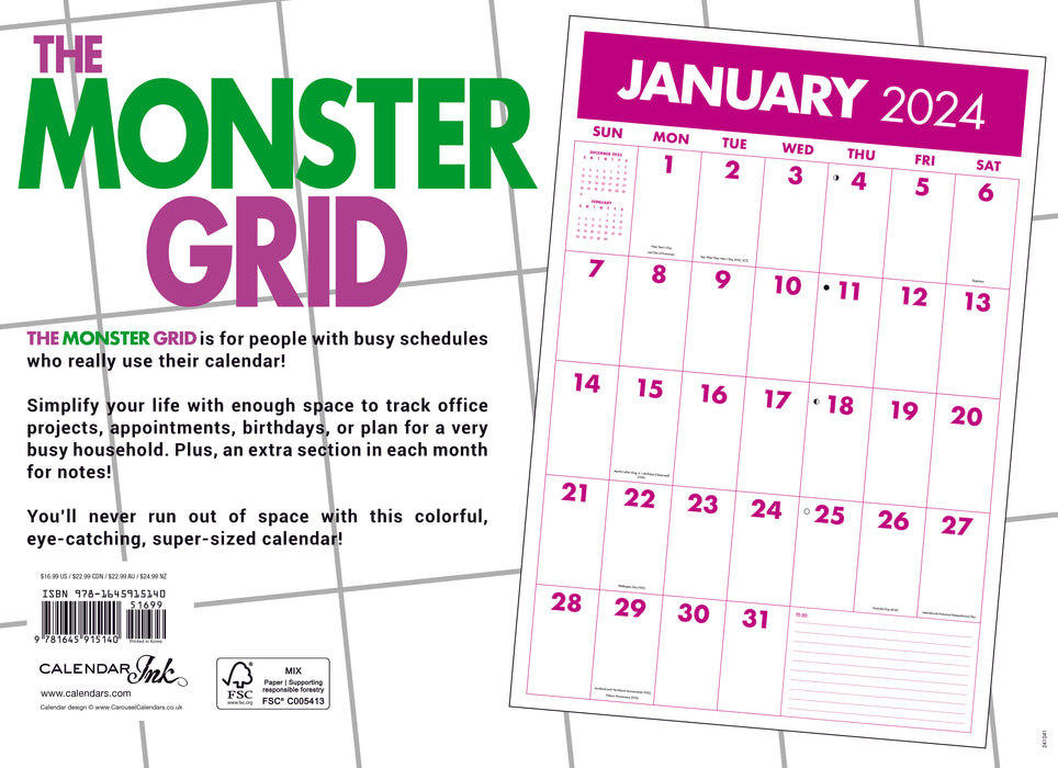 2024 Monster Grid Large Wall Calendar