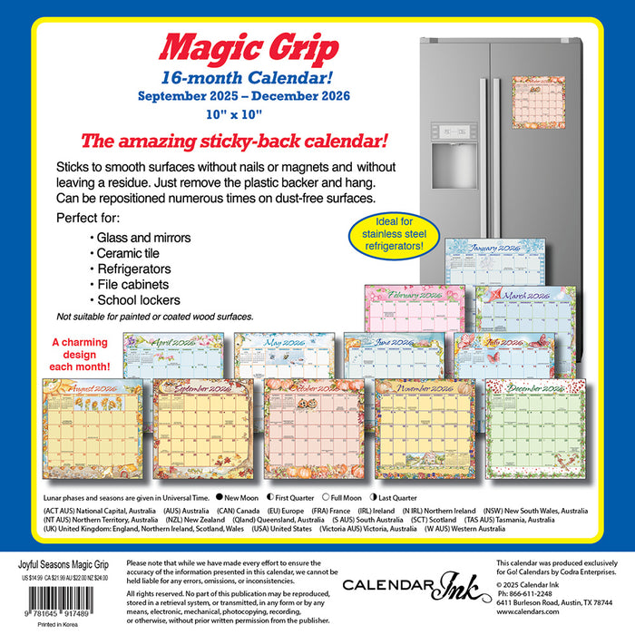 Joyful Seasons Magic Grip 2026 Square Wall Calendar