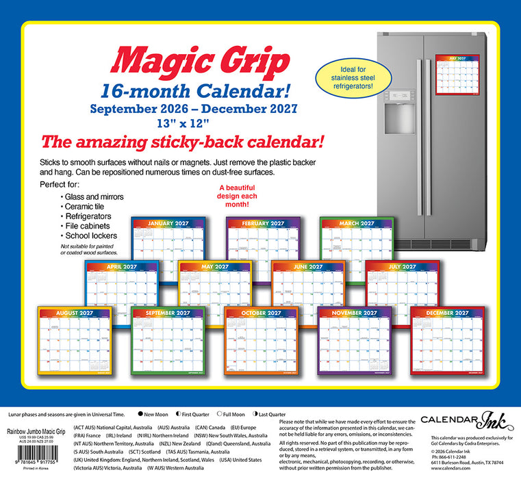 Rainbow Jumbo Magic Grip 2027 Large Wall Calendar