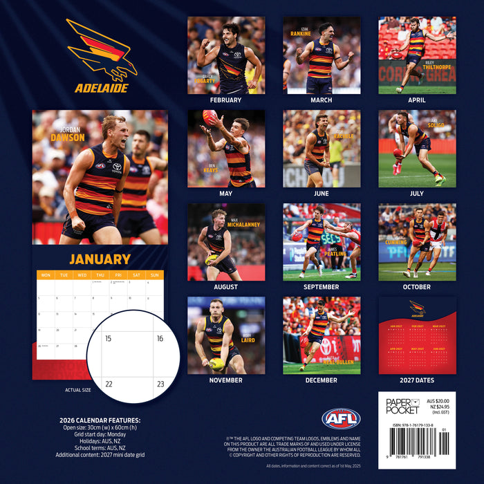 AFL Adelaide Crows 2026 Square Wall Calendar