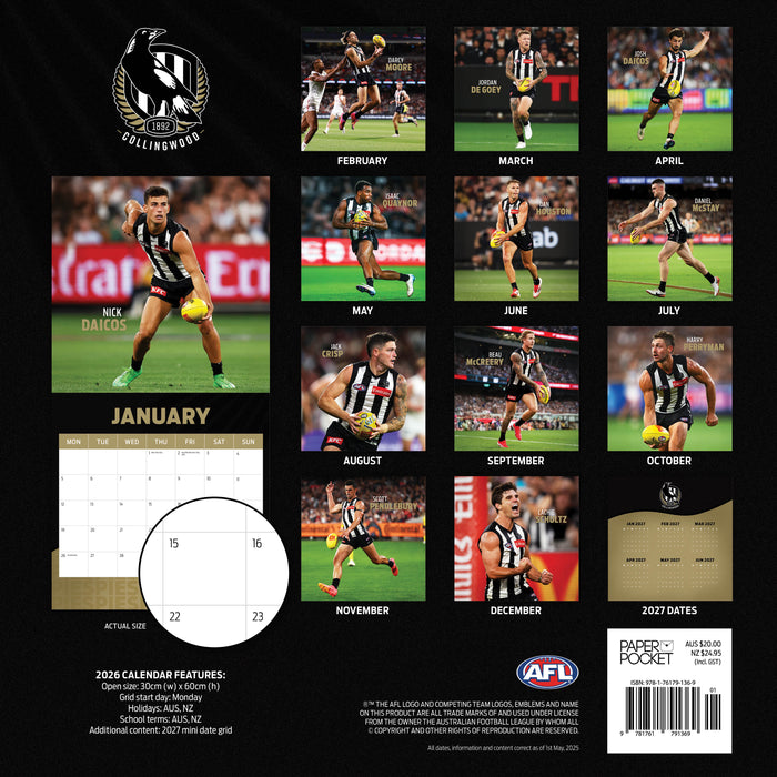 AFL Collingwood Magpies 2026 Square Wall Calendar