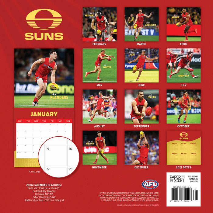 AFL Gold Coast Suns 2026 Square Wall Calendar