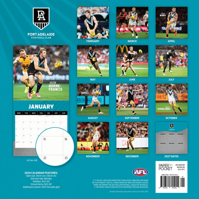 AFL Port Adelaide Power 2026 Square Wall Calendar