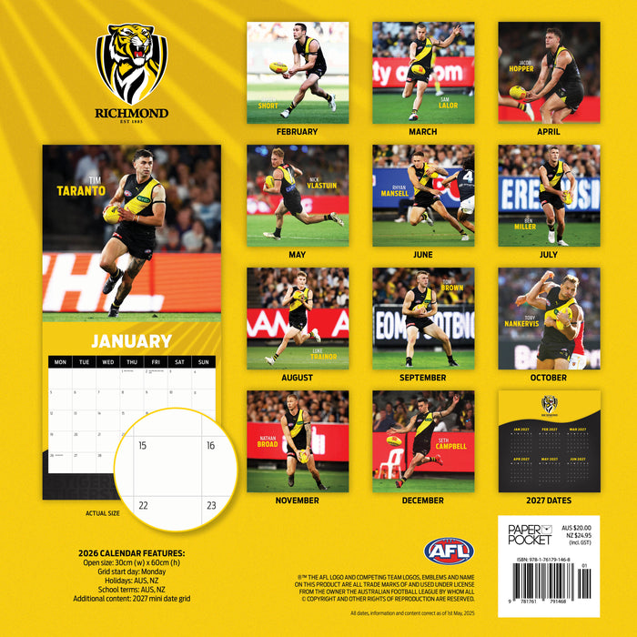 AFL Richmond Tigers 2026 Square Wall Calendar