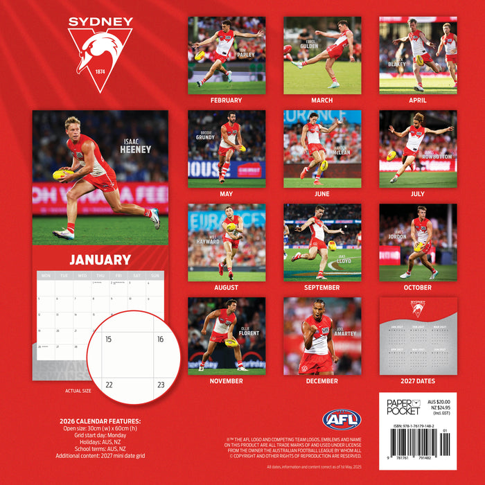 AFL Sydney Swans 2026 Square Wall Calendar