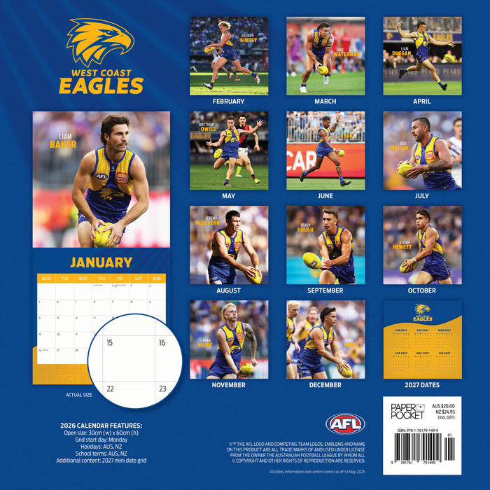 Calendar Club AFL West Coast Eagles 2026 Square Wall Calendar