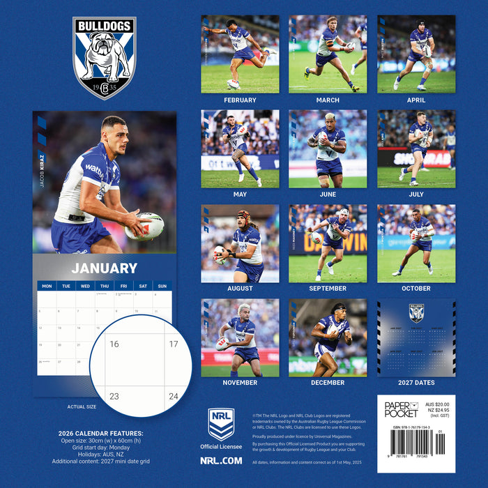 NRL Canterbury Bankstown 2026 Square Wall Calendar