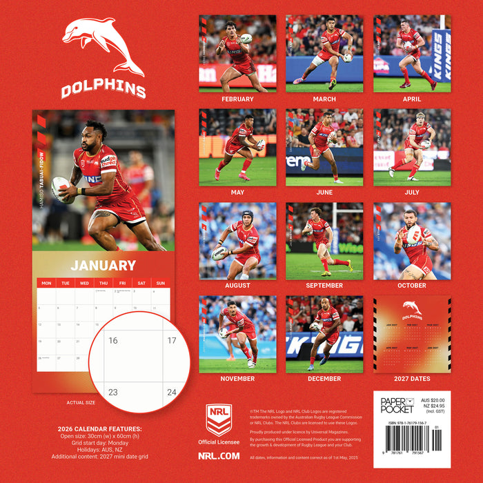 NRL Dolphins 2026 Square Wall Calendar