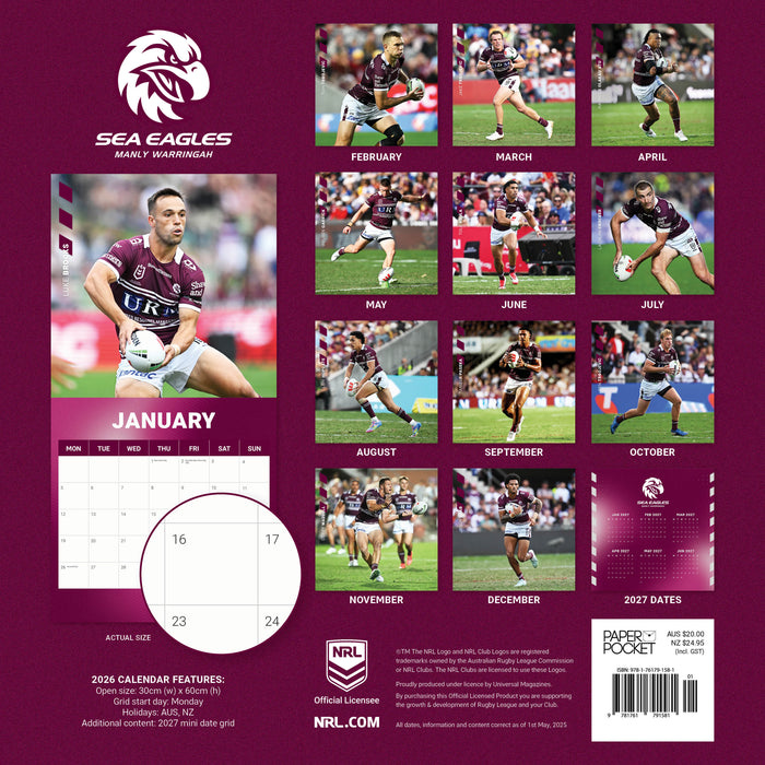 NRL Manly Sea Eagles 2026 Square Wall Calendar