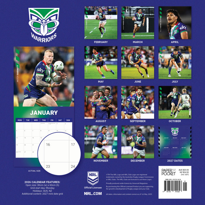 NRL NZ Warriors 2026 Square Wall Calendar