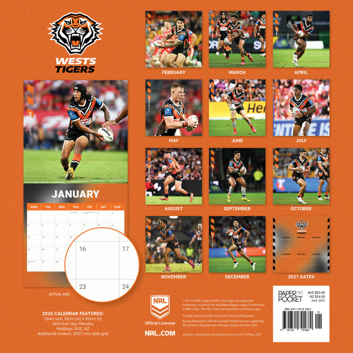 NRL Wests Tigers 2026 Square Wall Calendar